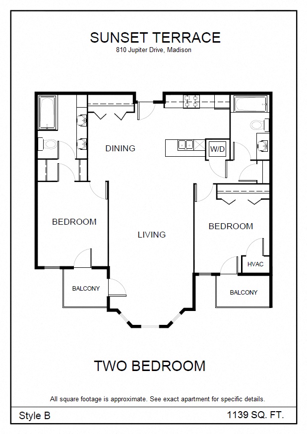 Floor plan for 2 beds, 2 baths, 1139 sqft